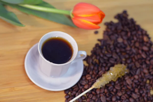Cup of coffee, coffee beans, tulip and a sugar stick — Stock Photo, Image