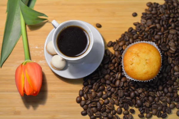 Tulipa fresca, cupcake, xícara de café e alguns grãos de café — Fotografia de Stock