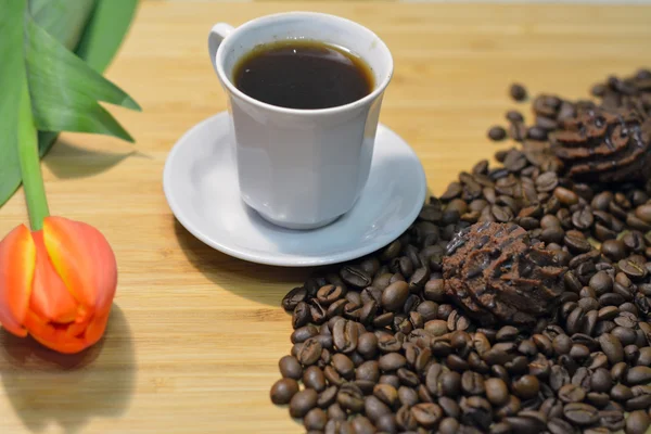 Café preto, doces truffel em grãos de café — Fotografia de Stock