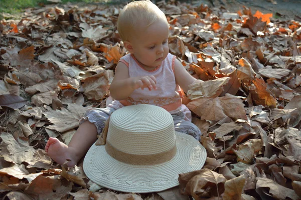 Una bambina carina gioca con le foglie autunnali — Foto Stock