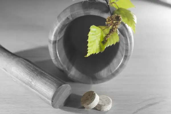 Siyah ve beyaz yeşil yaprakları ve tabletler ile pounder — Stok fotoğraf