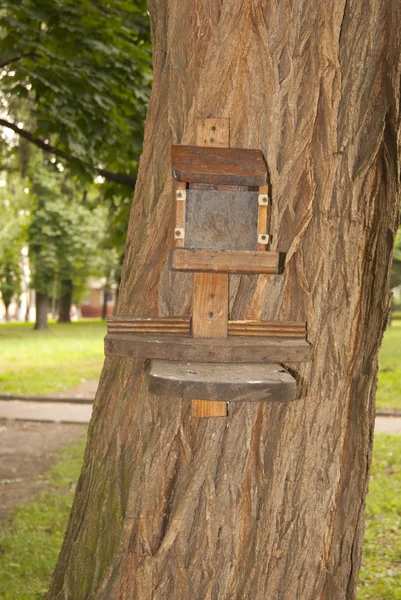 Mangiatoia per uccelli in legno sul tronco dell'albero — Foto Stock