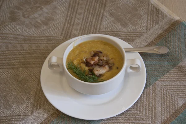 Tigela de sopa de legumes ricos com endro fresco e presunto — Fotografia de Stock