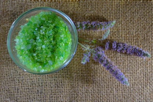 Zelená máta sůl v misce — Stock fotografie