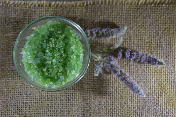 Cristais de sal de spa verde com hortelã fresca — Fotografia de Stock