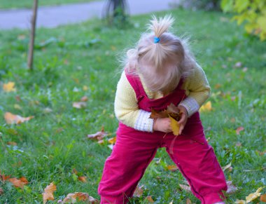 Sarı yapraklar, toplama şirin bebek kız bükme