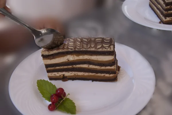 Plates with layered chocolate cake — Stock Photo, Image