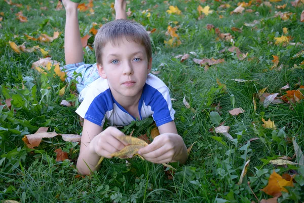 Boy lies in autumn leaves in glass — Stock Photo, Image