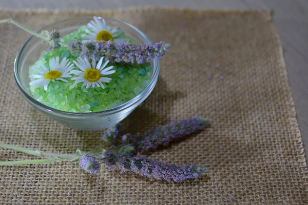 Schüssel Kamillensalz mit lebenden Blüten — Stockfoto