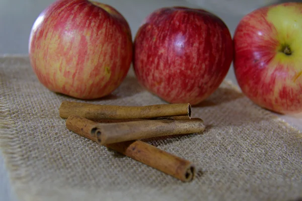 Maçãs com paus de canela sobre o saco — Fotografia de Stock