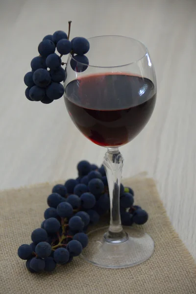 Uvas maduras y vino tinto en una copa — Foto de Stock