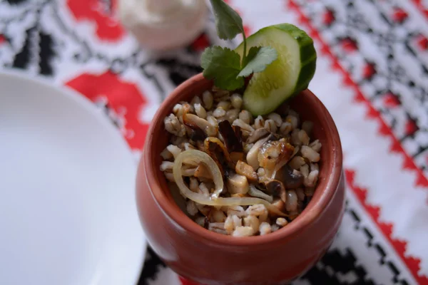 Mug with pearl barley, mushrooms and fried onions, on the tradit — Stock Photo, Image