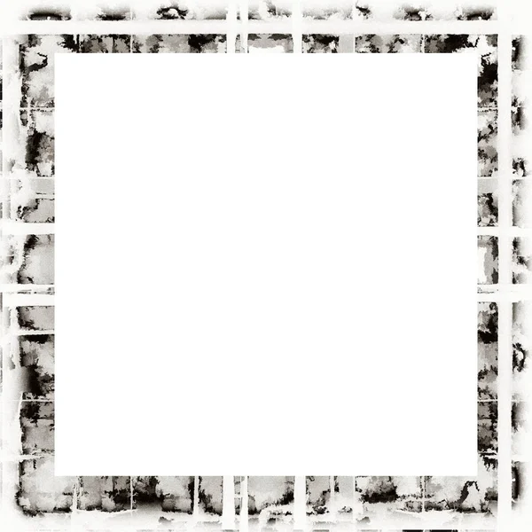 Grunge Scratched Frame Watercolor Texture Black White Copy Space Middle — Stock Photo, Image