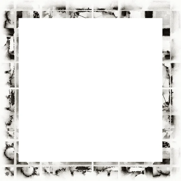 Grunge Scratched Frame Watercolor Texture Black White Copy Space Middle — Stock Photo, Image