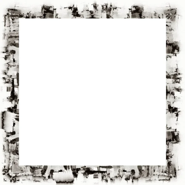 Grunge Scratched Frame Watercolor Texture Black White Copy Space Middle — Stock Photo, Image