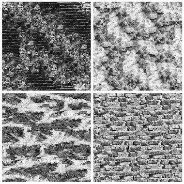 Siyah beyaz 4 grunge taş duvar arkaplan seti