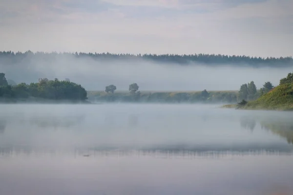 Fog Curling Grassed River Banks Dawn Oka River Kaluga Region — Stock Photo, Image