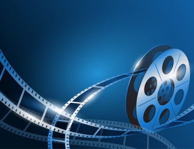 Bir film şerit makara parlak mavi film arka plan üzerinde gösterimi