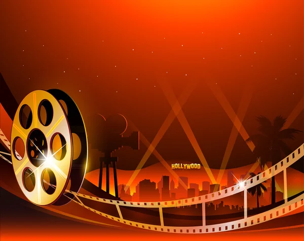 Illustrazione di una bobina di striscia di film su sfondo rosso lucido — Vettoriale Stock
