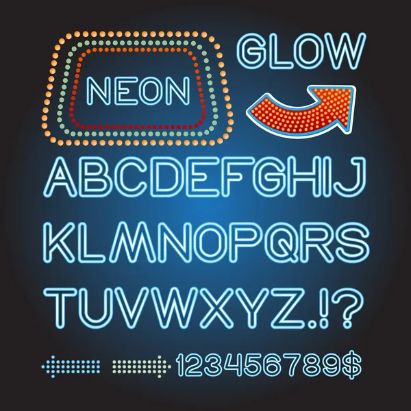 Vettore blu al neon lampada lettere font Visualizza banner leggero segno theather — Vettoriale Stock