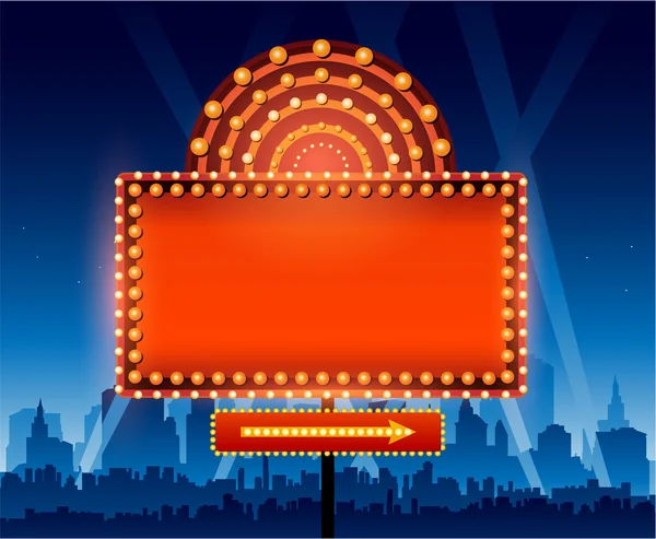 Parlak tiyatro parlayan retro sinema neon işaret cityscape önünde — Stok Vektör
