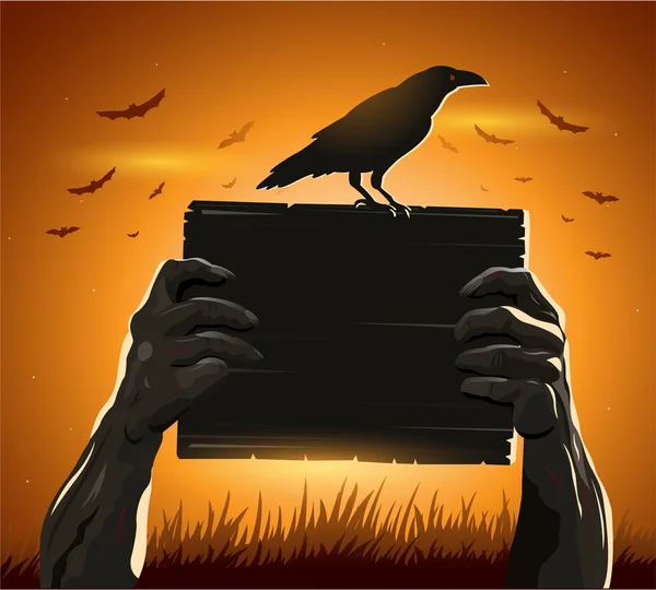 Zombie hands holding sign with blank card as a creepy halloween or scary symbol  crow — Stock Vector