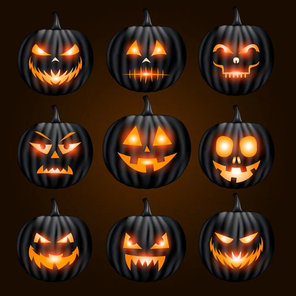 Jack o lantern pumpkin faces glowing on black background — Stock Vector