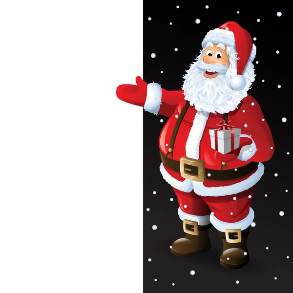 Santa Claus tecknad figur visar god jul prick skriven i tomma rymden. Vektorillustration — Stock vektor