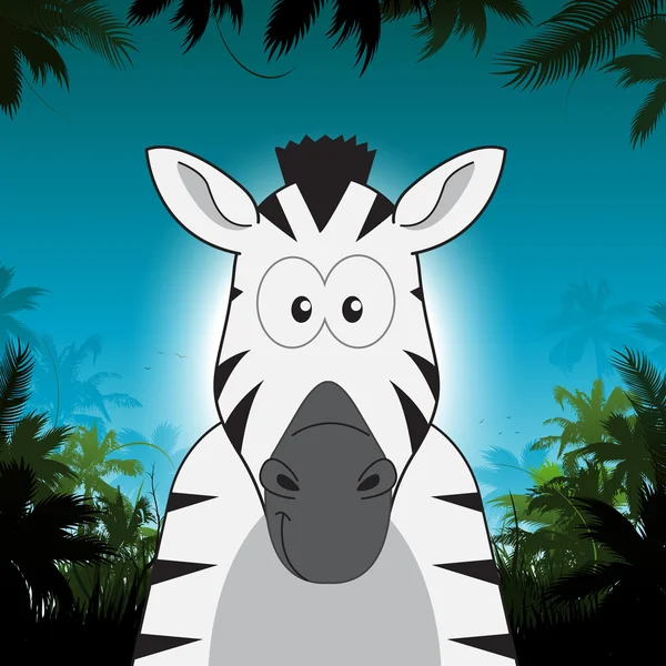 Cute cartoon zebra in front of jungle background — Stock Vector
