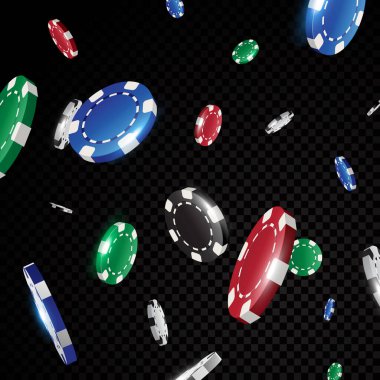 Çok renkli kumarhane poker çipleri siyah şeffaflık arka planında izole düşüyor