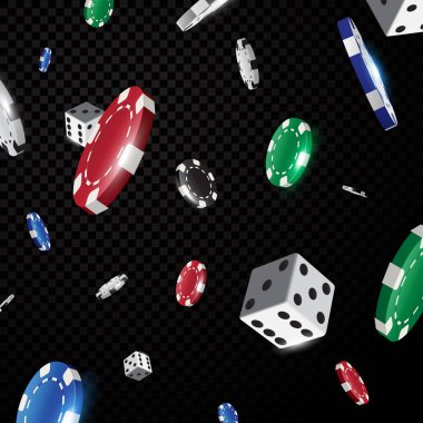 Çok renkli kumarhane poker çipleri siyah şeffaflık arka planında izole düşüyor