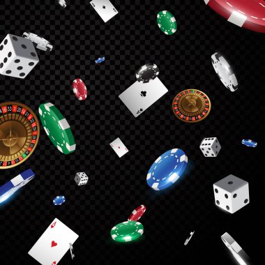 Çok renkli kumarhane poker çipleri siyah şeffaflık arka planında izole düşüyor