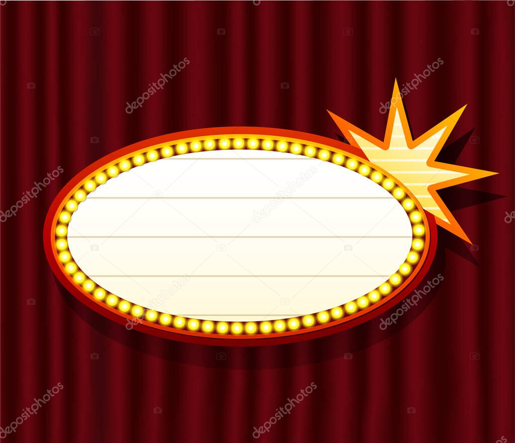 Neon cinema bulb sign shape golden theater illuminated banner in front of red curtains