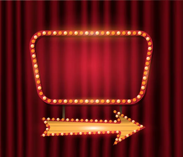 Neon sinema lambası kırmızı perdelerin önünde yanan altın tiyatro şeklinde bir pankart. — Stok Vektör