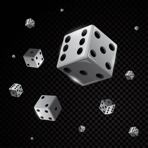 Vector white casino dices falling in front of black background — Stock Vector