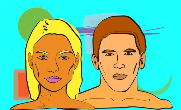 Coloré surréaliste vecteur artistique femme et homme visage — Image vectorielle