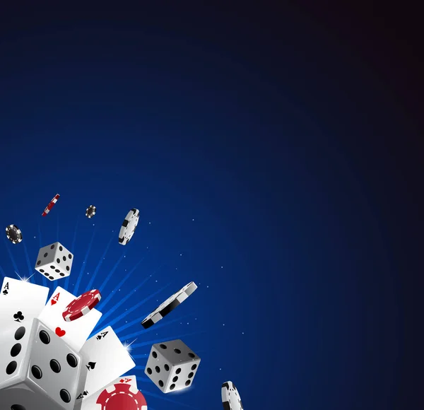Fundo azul banner casino com dados e fichas de poker — Vetor de Stock