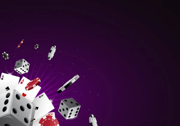 Фиолетовый фон баннера казино с кубиками и фишками для покера Лицензионные Стоковые Векторы