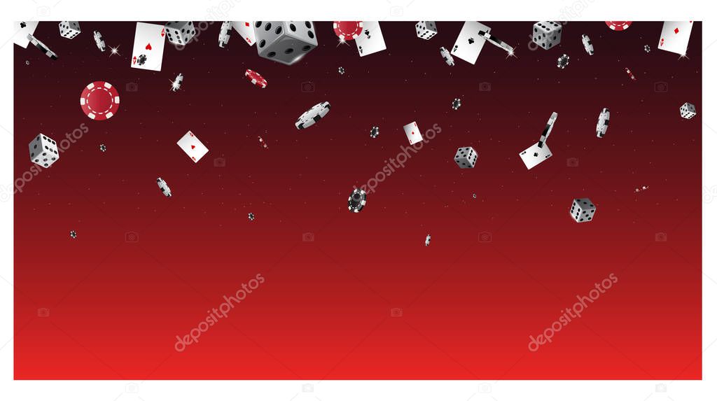 Red casino banner background with dices and poker chips