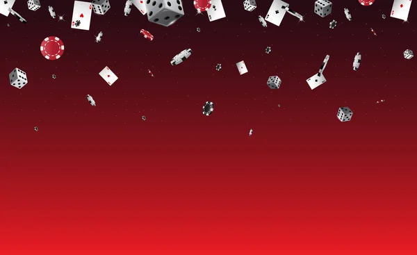 Banner vermelho casino fundo com dados e fichas de poker — Vetor de Stock