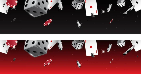 Красный фон баннера казино с кубиками и фишками для покера — стоковый вектор