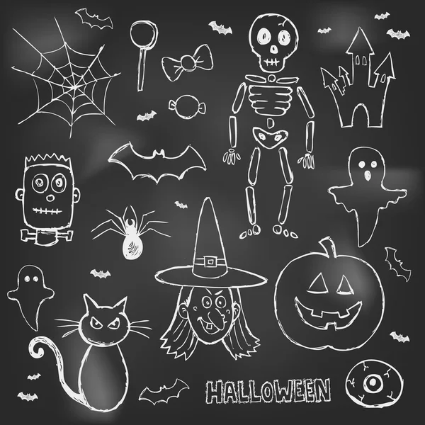 Halloween hand getrokken doodles over zwarte bord — Stockvector