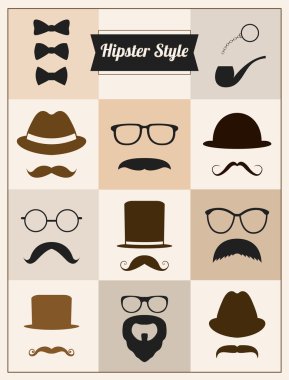 Hipster stil bıyıklı şapka güneş gözlüğü vektör kümesi