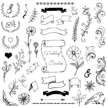 Elle çizilmiş Doodle ve işaretleri, eğrileri, kitap köşesi, bölücüler tasarım öğeleri