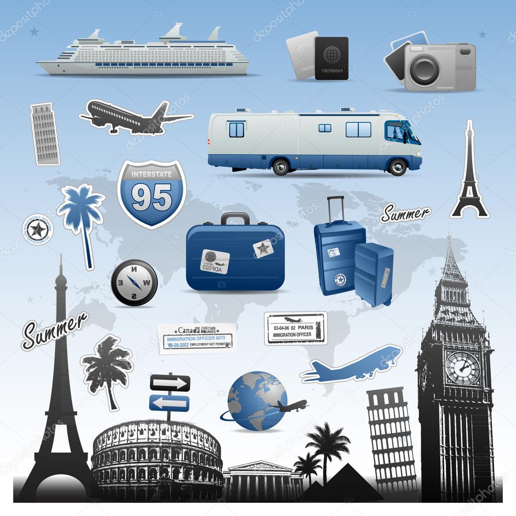 Travel and vacations icons set elements