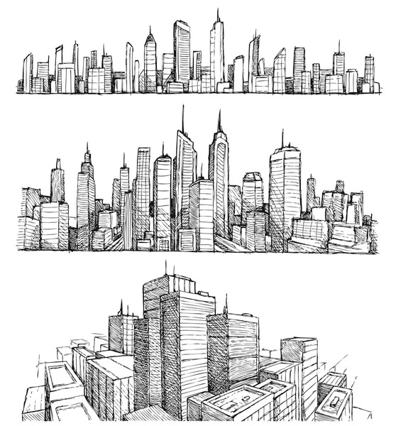 Paisagens urbanas grandes desenhadas à mão e edifícios —  Vetores de Stock