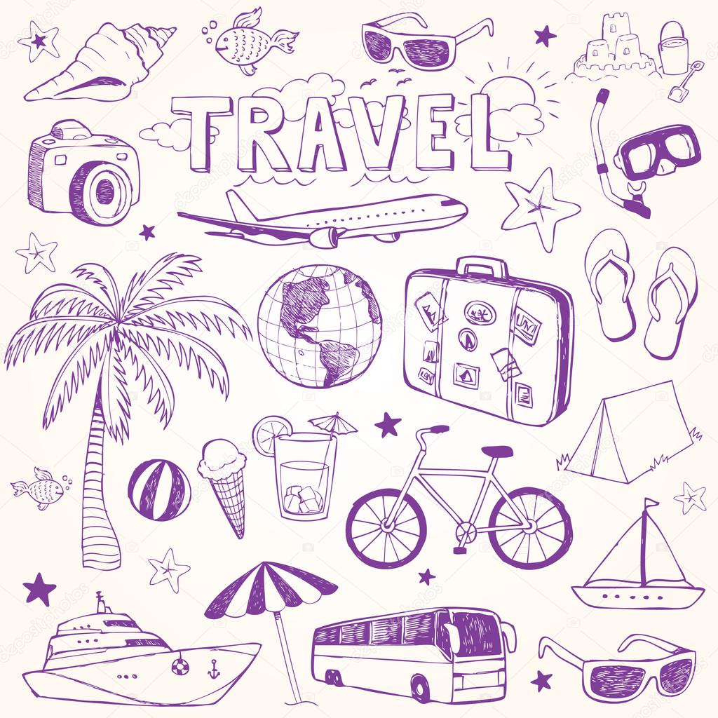 Hand drawn beach and travel doodles vector illustration