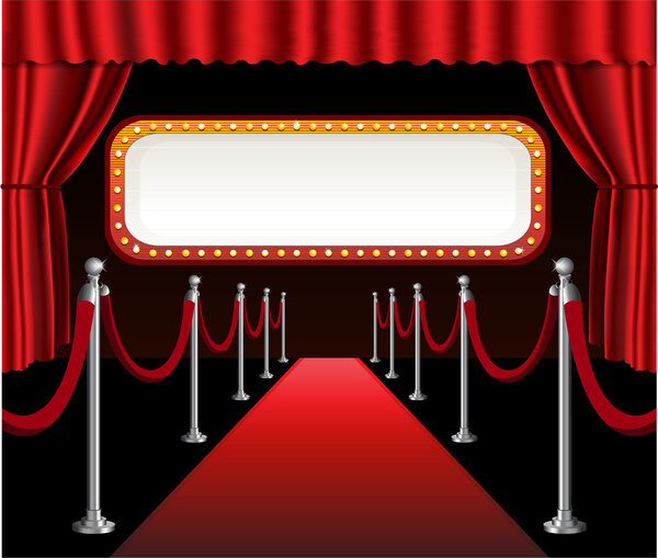 Премьера фильма на красной ковровой дорожке элегантное событие красный театр занавес и рекламный баннер
