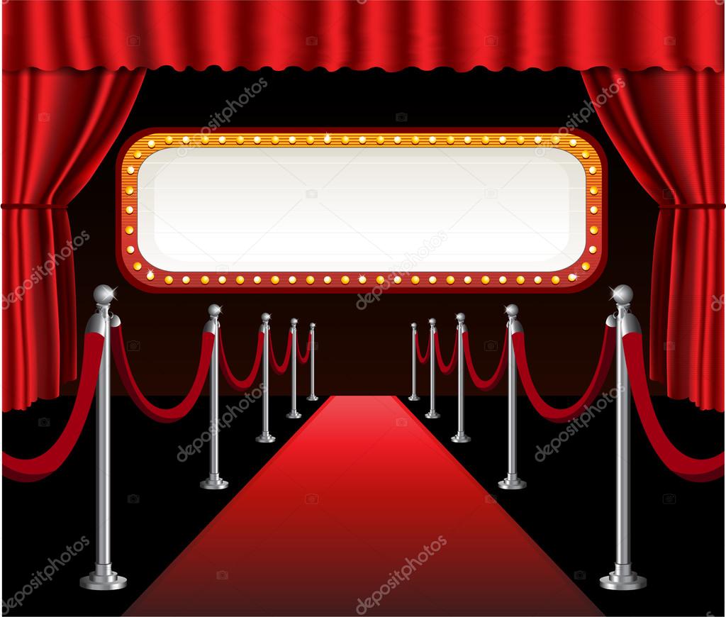 Red carpet movie premiere elegant event red curtain theater and billboard banner