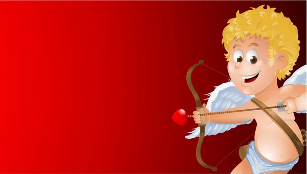 Cartoon cupid visar en tom röd bakgrund webbannons — Stock vektor